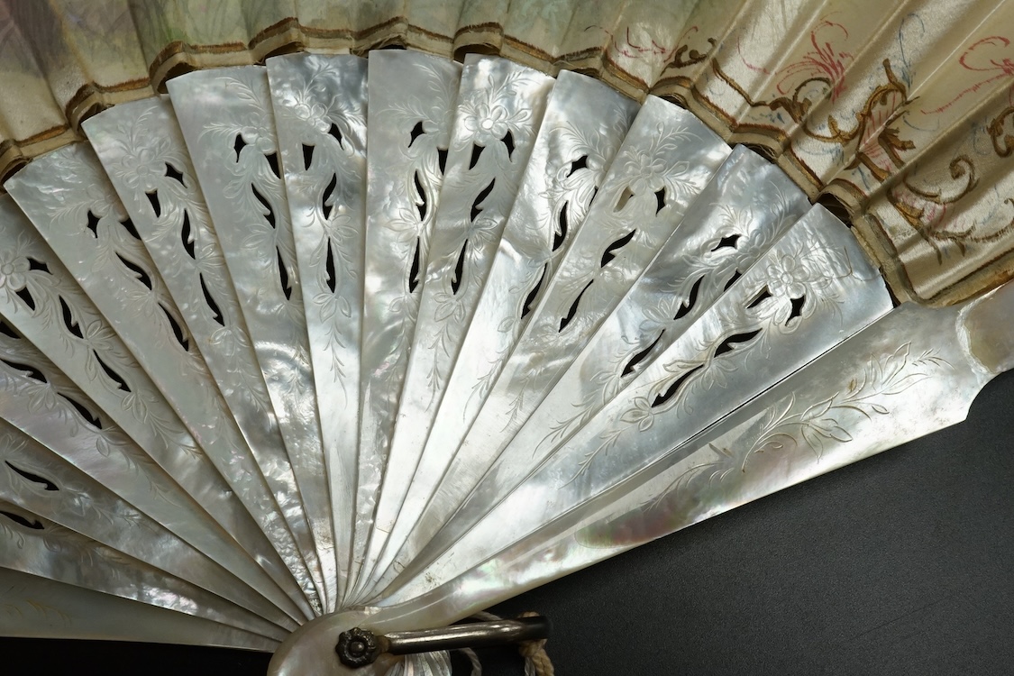 A group of 19th century fans to include a blonde tortoiseshell brisé fan, gilt decorated with sequins and a floral hand painted with figures with sequins decoration, some boxed, tortoiseshell fan 19cm high largest 36cm h